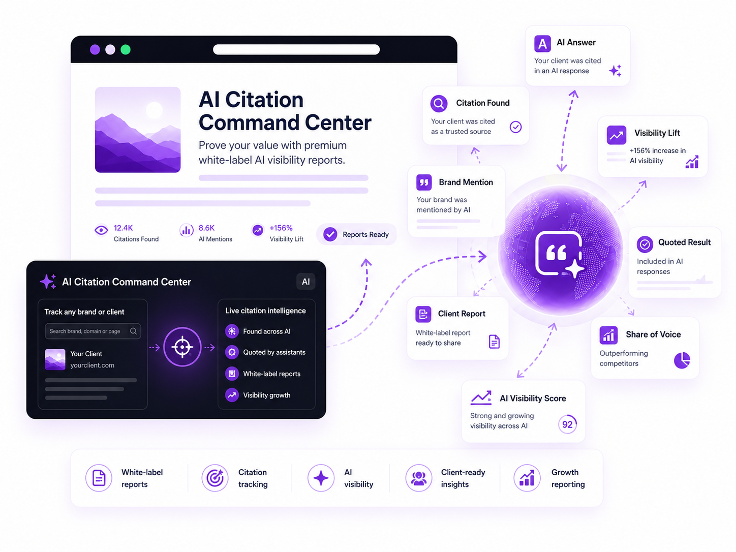 Branded AI citation report showing where AI engines are naming a client's business