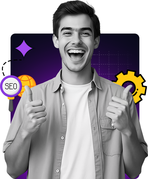 Smiling agency owner with SEO and automation graphics
