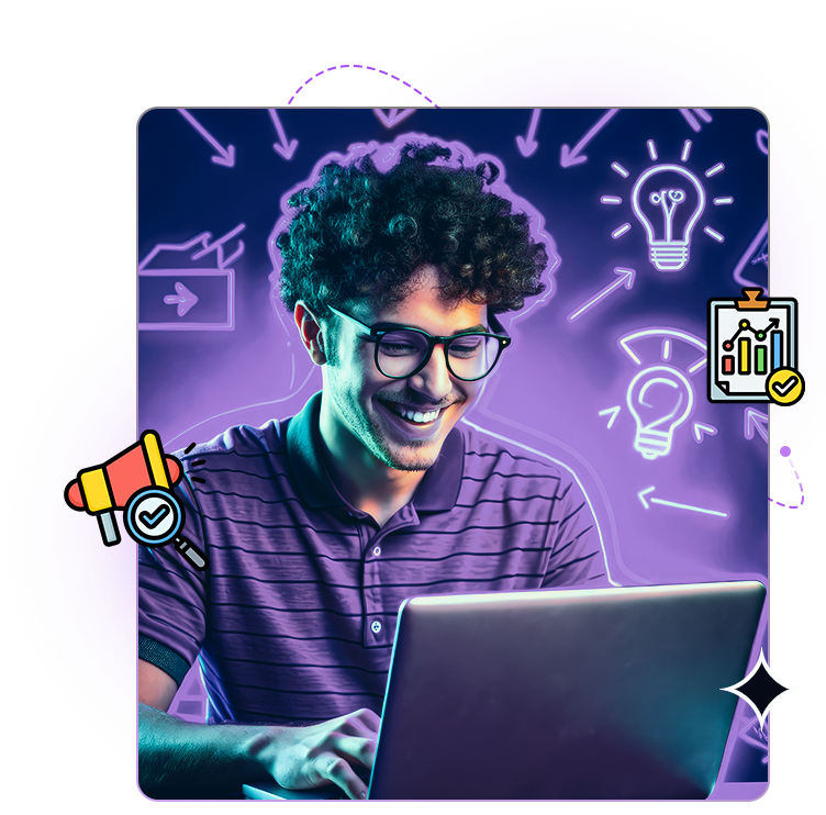 Content creator working on a laptop with marketing and analytics graphics
