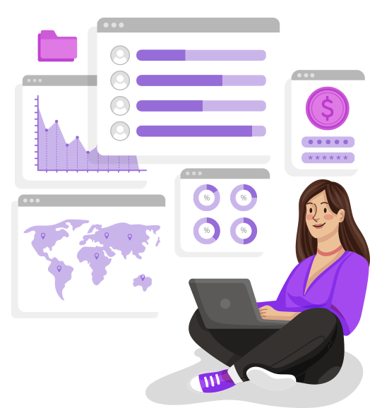 Market analytics dashboards with a business owner working on a laptop