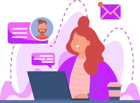 Agency owner working on a laptop with support and messaging graphics