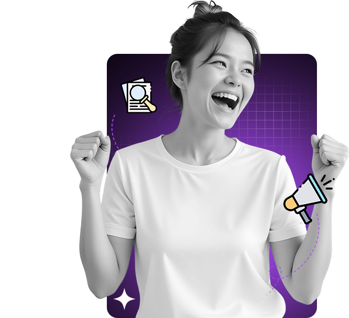 Excited agency owner celebrating with marketing graphics