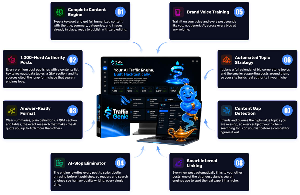 Eight automated content engine jobs surrounding the TrafficGenie platform