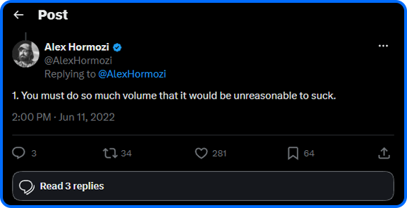 Alex Hormozi post about producing a high volume of content