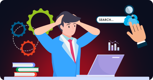 Overwhelmed marketer surrounded by disconnected SEO tools