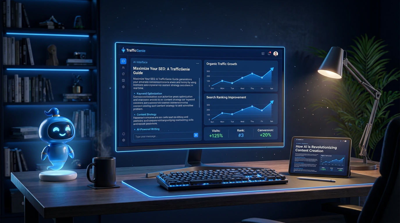 TrafficGenie in action - AI generating an SEO blog with traffic and ranking graphs