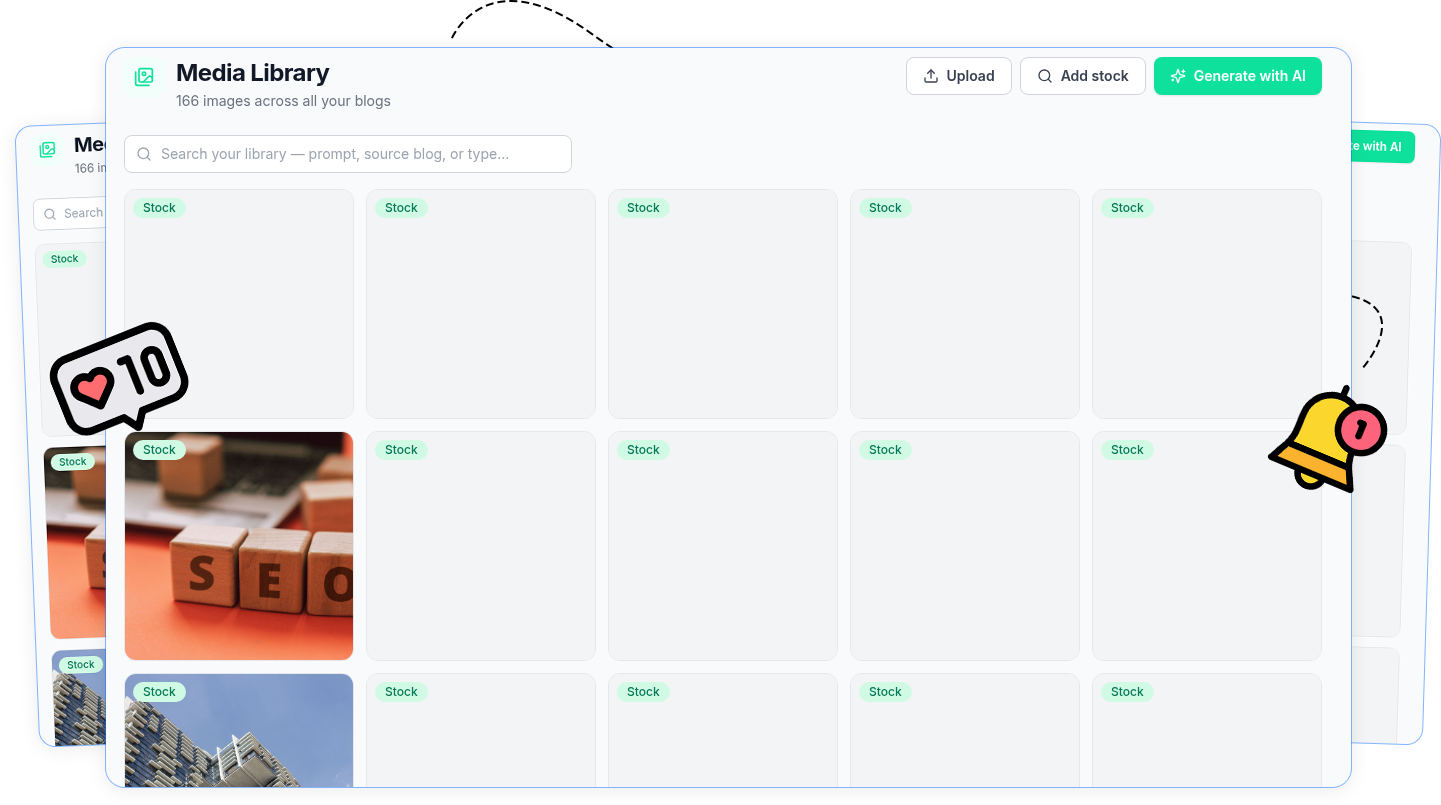 TrafficGenie media library with built-in and AI-generated images