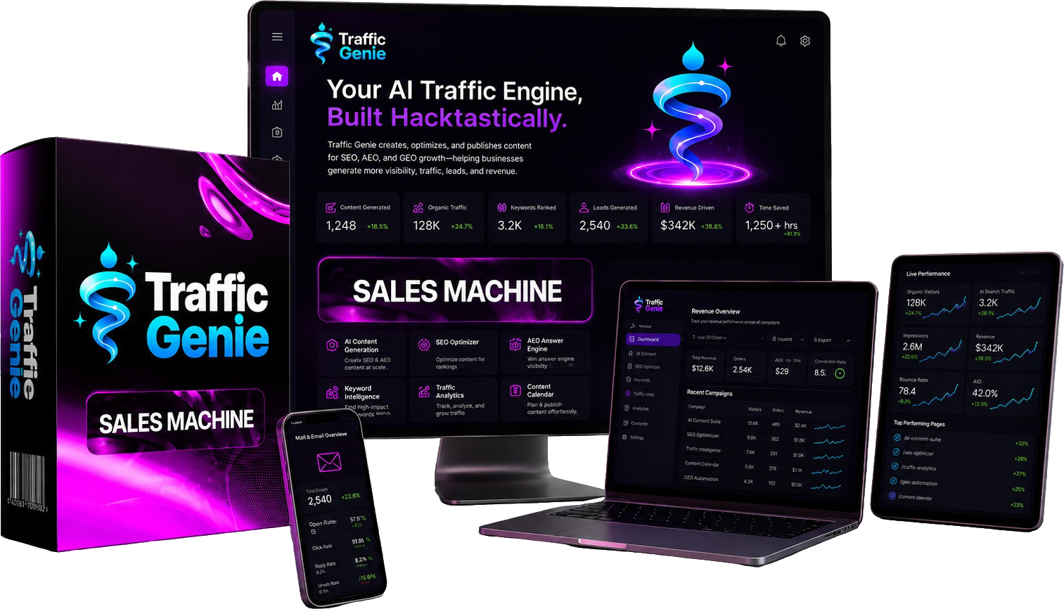 TrafficGenie Sales Machine bundle: product box beside a monitor, laptop, tablet and phone showing the AI traffic engine dashboard