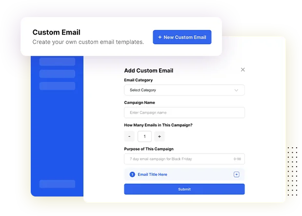Add Custom Email dialog with email category, campaign name, number of emails and campaign purpose fields