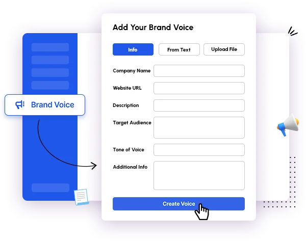 Add Your Brand Voice form with company name, website URL, description, target audience, tone of voice and additional info fields
