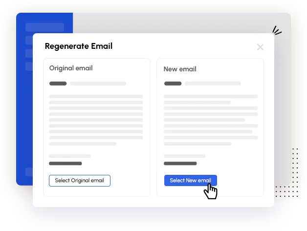 Regenerate Email dialog comparing the original email and a new email side by side