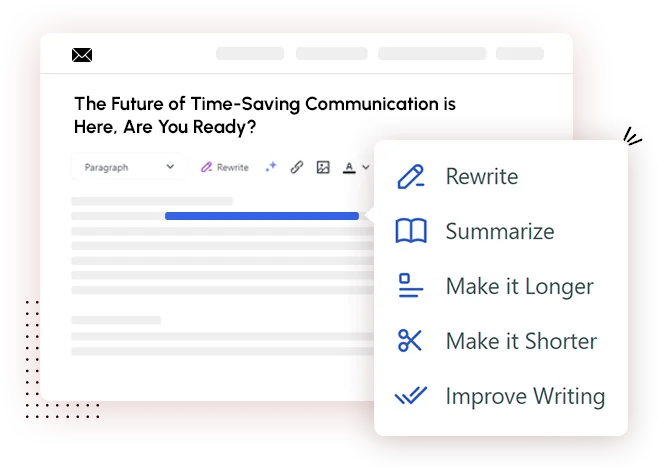 Email editor with a Rewrite, Summarize, Make it Longer, Make it Shorter and Improve Writing menu open over a selected paragraph
