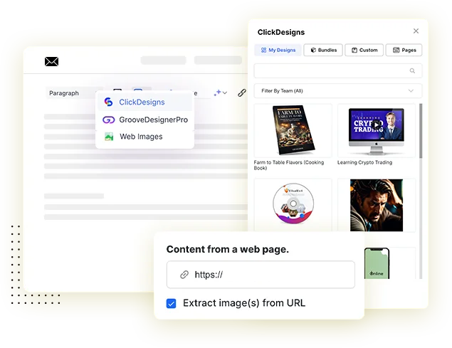 Email editor with a ClickDesigns, GrooveDesignerPro and Web Images menu open beside the ClickDesigns graphics library