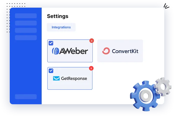 Settings integrations panel with AWeber and GetResponse connected, and ConvertKit available