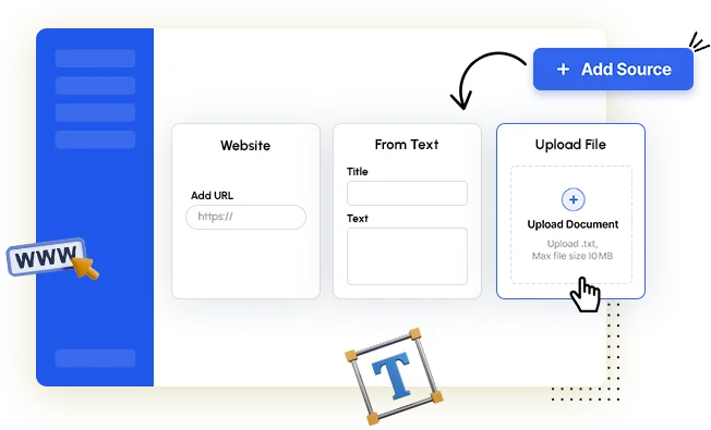Add Source panel offering Website, From Text and Upload File options for training data