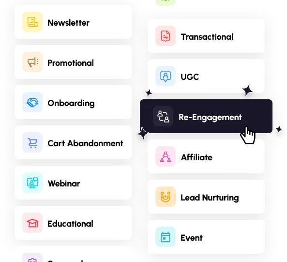 Email category picker showing Newsletter, Promotional, Onboarding, Cart Abandonment, Webinar, Educational, Transactional, UGC, Re-Engagement, Affiliate, Lead Nurturing and Event