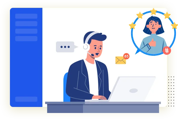 A support agent on a laptop wearing a headset, beside a happy five-star customer