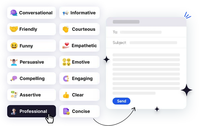 Email tone picker showing Conversational, Informative, Friendly, Courteous, Funny, Empathetic, Persuasive, Emotive, Compelling, Engaging, Assertive, Clear, Professional and Concise beside an email composer