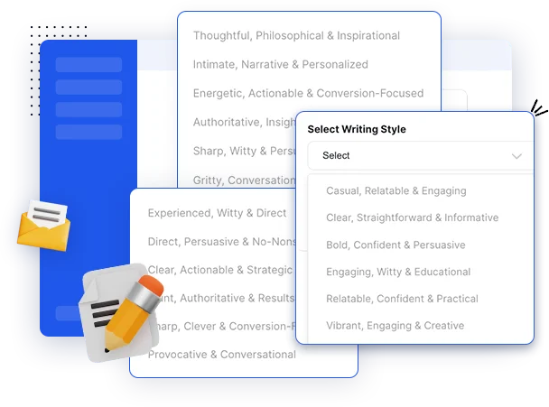 Select Writing Style dropdown listing copywriting styles such as Casual, Relatable & Engaging and Bold, Confident & Persuasive