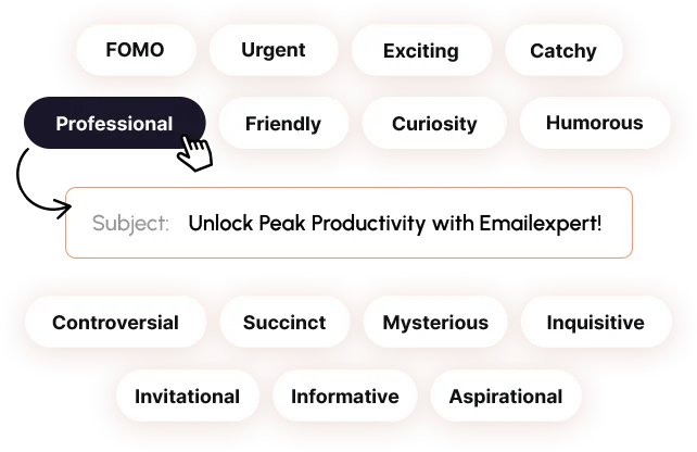 Subject line tone picker showing FOMO, Urgent, Exciting, Catchy, Professional, Friendly, Curiosity, Humorous, Controversial, Succinct, Mysterious, Inquisitive, Invitational, Informative and Aspirational