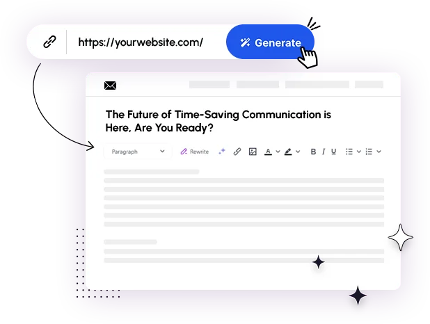 A website URL pasted into the generator, producing a finished email draft