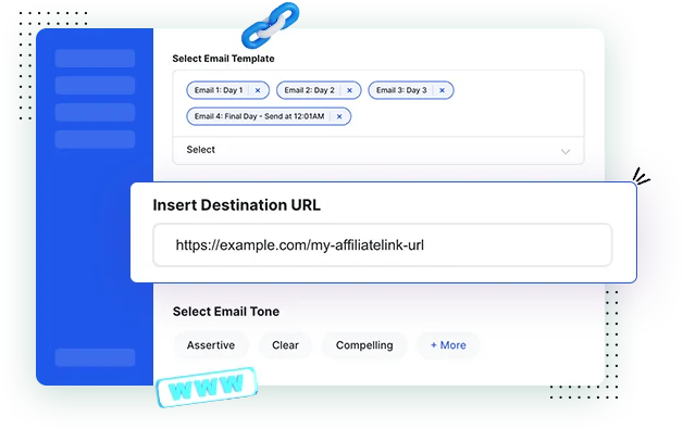 Insert Destination URL field overlaying an email template builder with tone selection