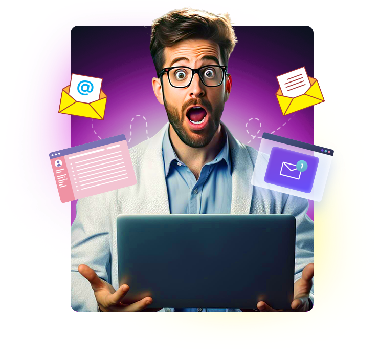 A surprised man holding a laptop, surrounded by floating email envelopes and inbox windows