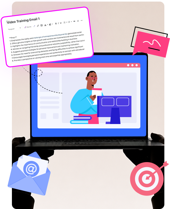 Hands holding a laptop showing an email editor with a generated Video Training Email draft
