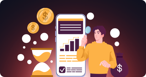 A confident man reviewing a phone dashboard with charts, coins and a money bag