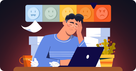 A stressed man at a laptop surrounded by paperwork and frowning-face ratings